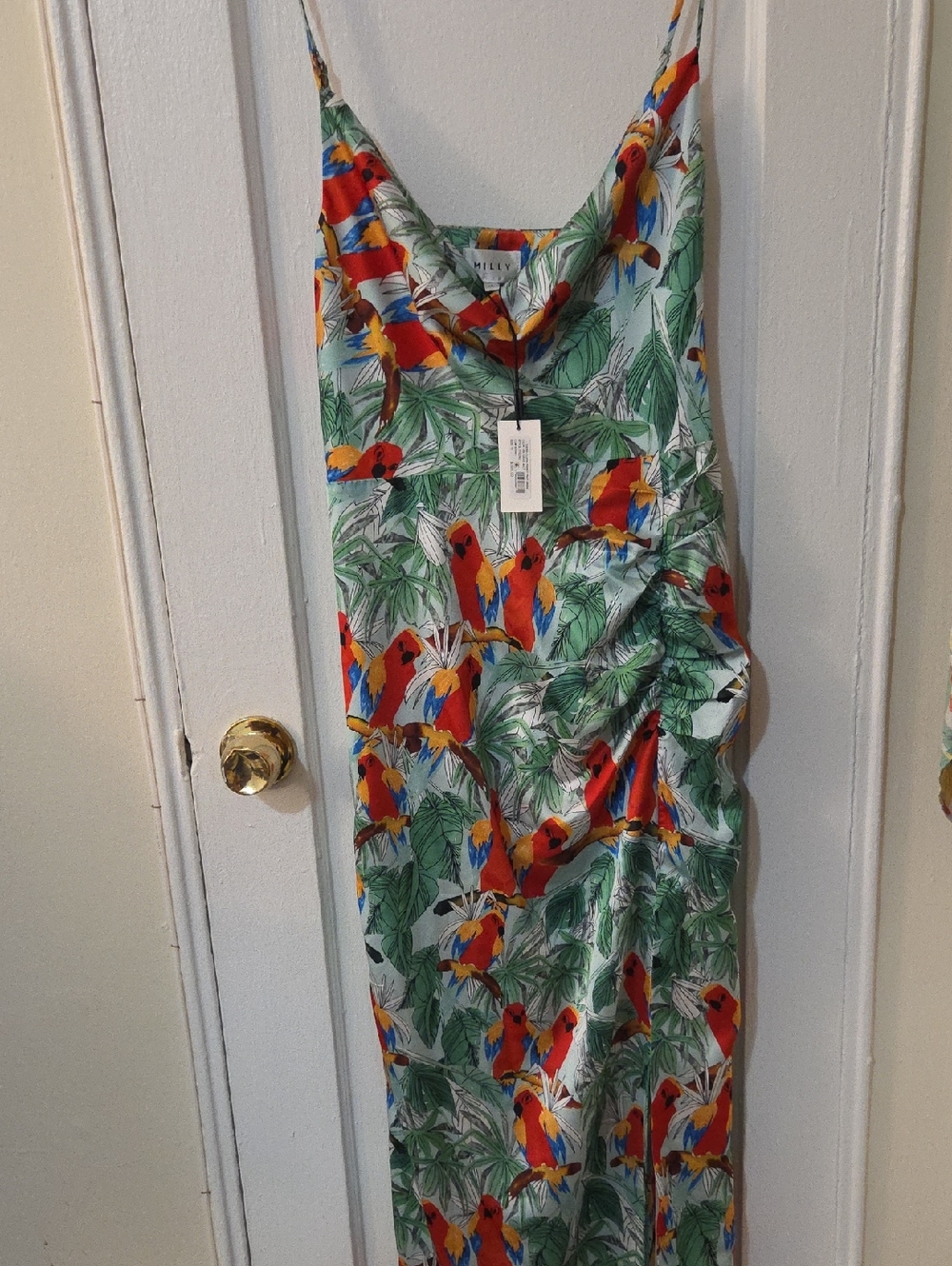 Milly Tropical Parrot Slip Maxi Dress Cowl Neckline - Lilliana Green Multi NWT